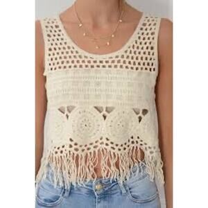 Cream Crochet Fringe Crop Top Tank Top One Size Medium Open Knit Boho Bohemian